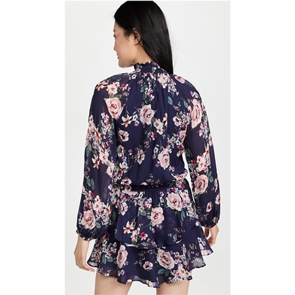 Yumi Kim Class Act Floral Dress Sheer Sleeves High Neck Ruffle Hem Size Medium - Picture 2 of 12